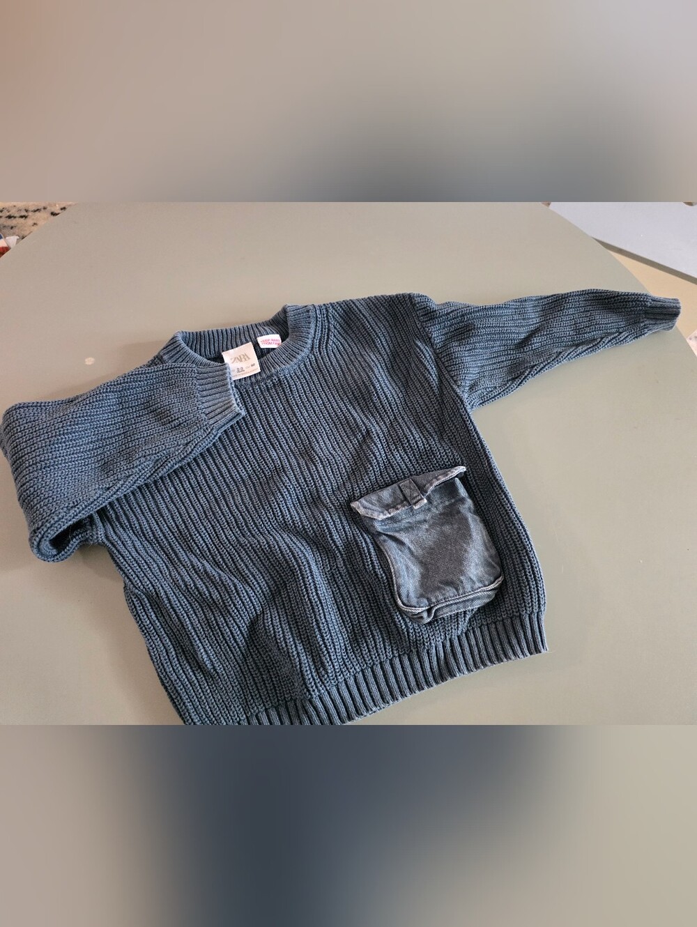 ZARA Kids Slate Blue Crewneck Knit Sweater with Front Pocket